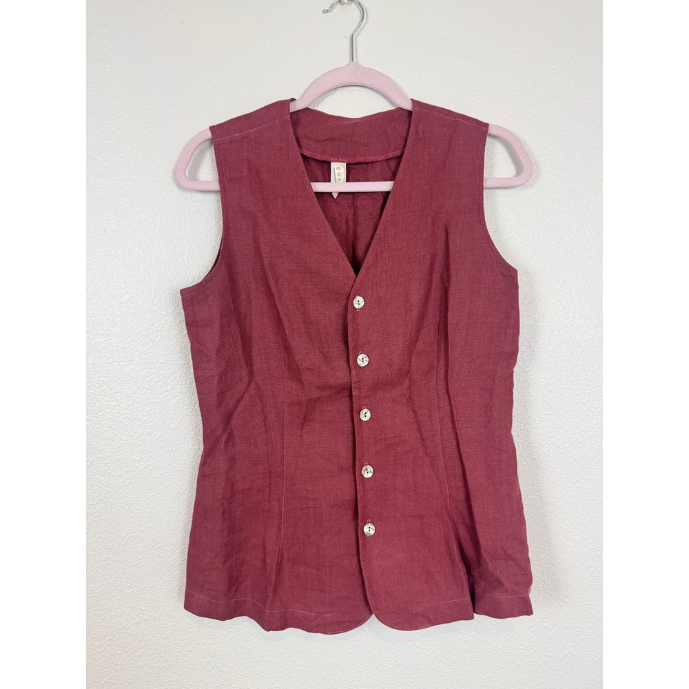 Dosa Womens Burgundy 100% Linen Button‎ Front Vest V-Neck Sleeveless Top Size 2